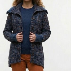 Diesel]Chunky Rugged Knit Navy Blue Rust Cardigan Raw Edge Cuffs & Collar Large